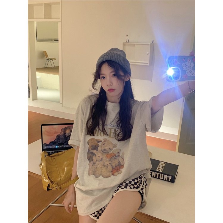 Áo thun IELGY tay ngắn dáng rộng in hình chú gấu dễ phối đồ cá tính cho nữ