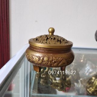 Lư đốt trầm bằng đồng họa tiết 12 con giáp, họa tiết rồng phượng