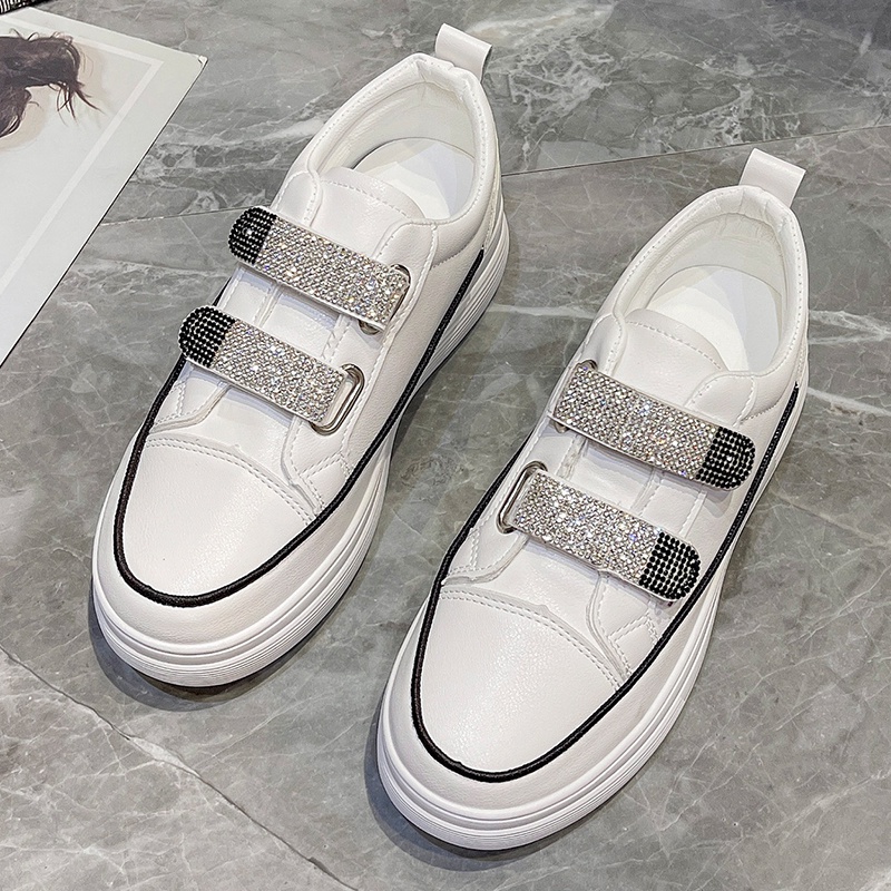 💘 Giày nữ thời trang với kim cương giả đáy dày 💘 Velcro giày nhỏ màu trắng giày thể thao thoáng khí