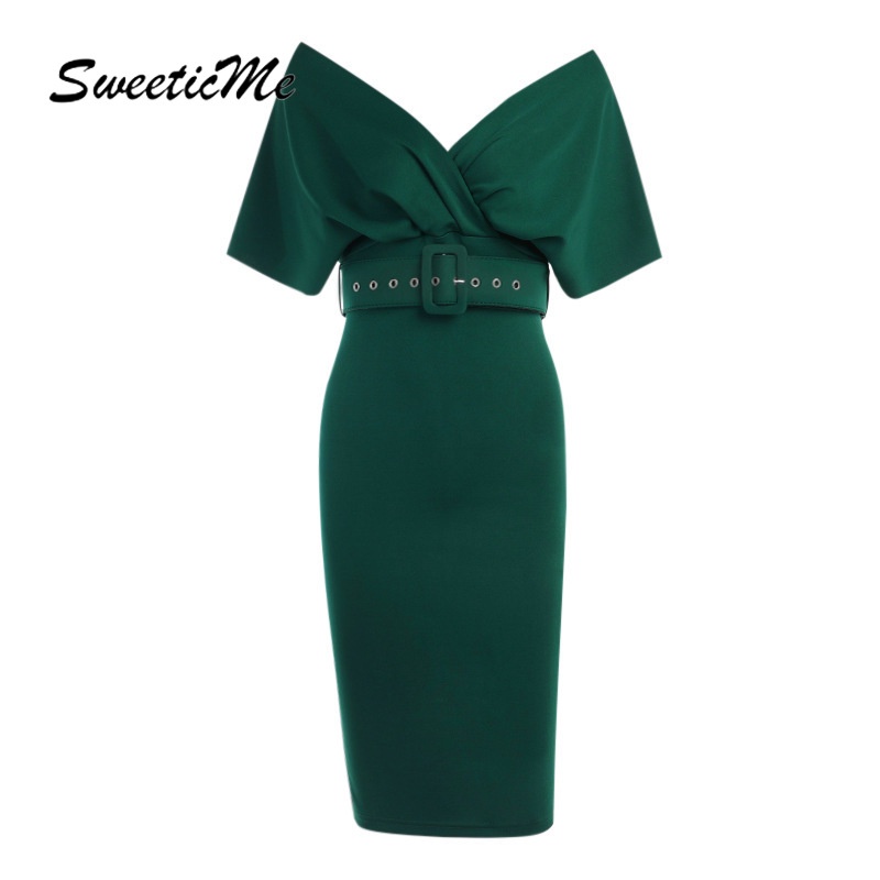 Đầm Sweeticme   Eo Cao Trễ Vai Phối Thắt Lưng Thời Trang