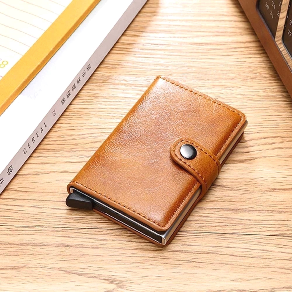 Leather Mens Aluminum Wallet RFID Blocking Mini Magic Wallet Automatic Credit Card Coin Purse