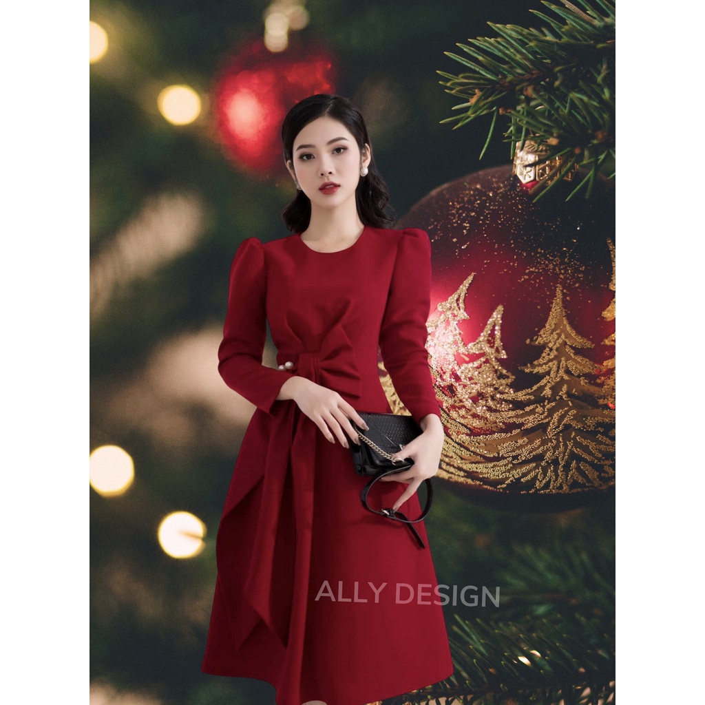 Váy dự tiệc dài tay ALLY thiết kế nơ eo sang trọng nổi bật màu đỏ đô