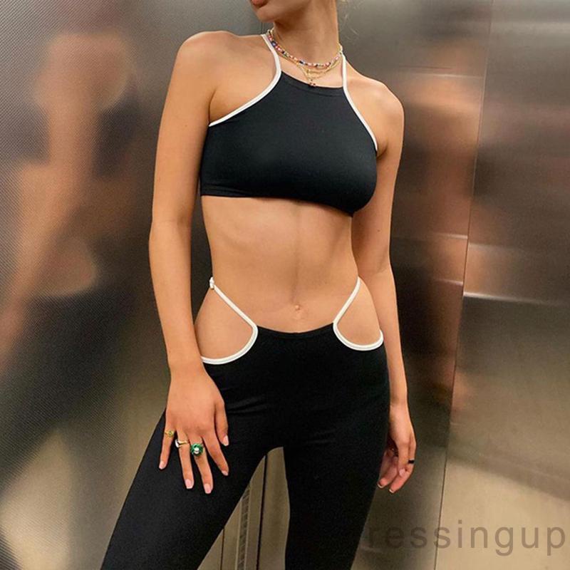 Bộ Đồ 2 Món Áo Croptop Phối Màu + Quần Lưng Cao Khoét Lỗ Thời Trang Mùa Hè Cho Nữ Đen