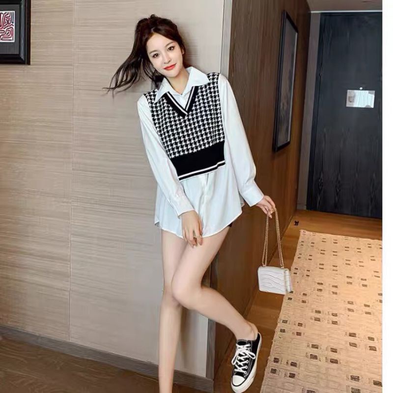 Áo len phối sơ mi nữ