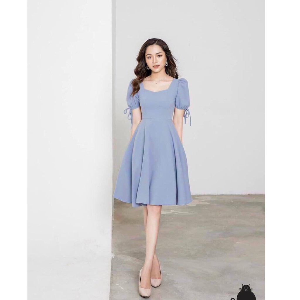 Váy đầm nữ dáng xoè chất lụa cao cấp kiểu tay phòng rút dây thiết kế thanh lịch trẻ trung thích hợp mặc đi tiệc, đi làm