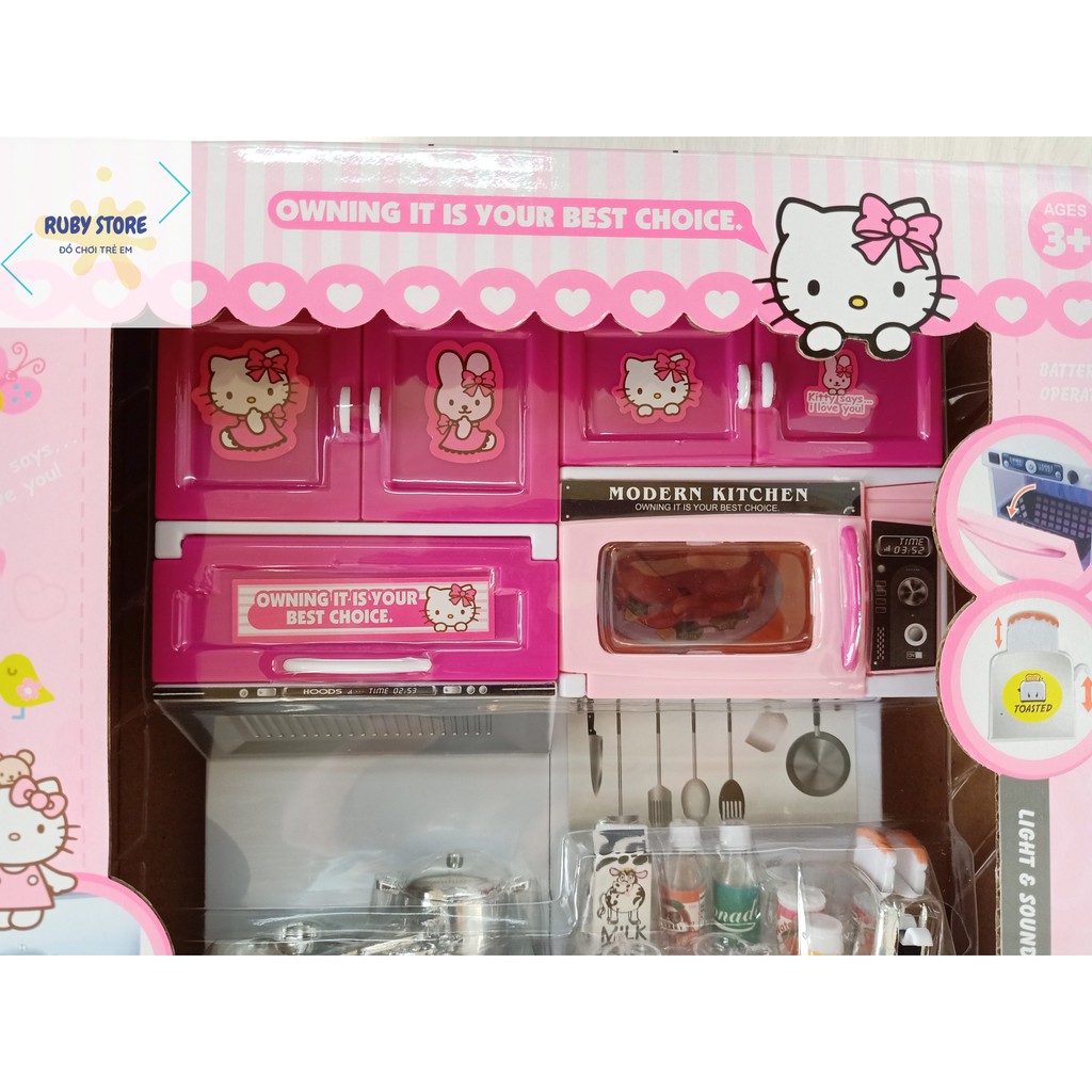 HỘP ĐỒ CHƠI NHÀ BẾP, LÒ NƯỚNG BÁNH, MÁY GIẶT HELLO KITTY (Dùng pin)