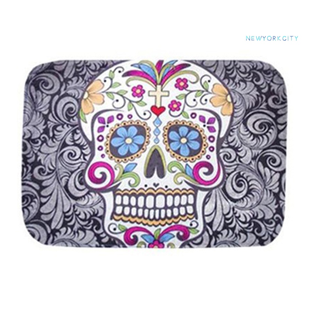 Thảm Chùi Chân Chống Trượt Họa Tiết Đầu Lâu Và Hoa Độc Đáo Kích Thước 40X60Cm