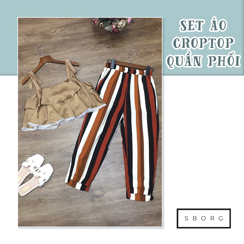 Quần áo thời trang SBORG áo nữ croptop lụa satin bèo tầng nơ vai cute quần linen có túi freesize dưới 55kg quà tặng vợ