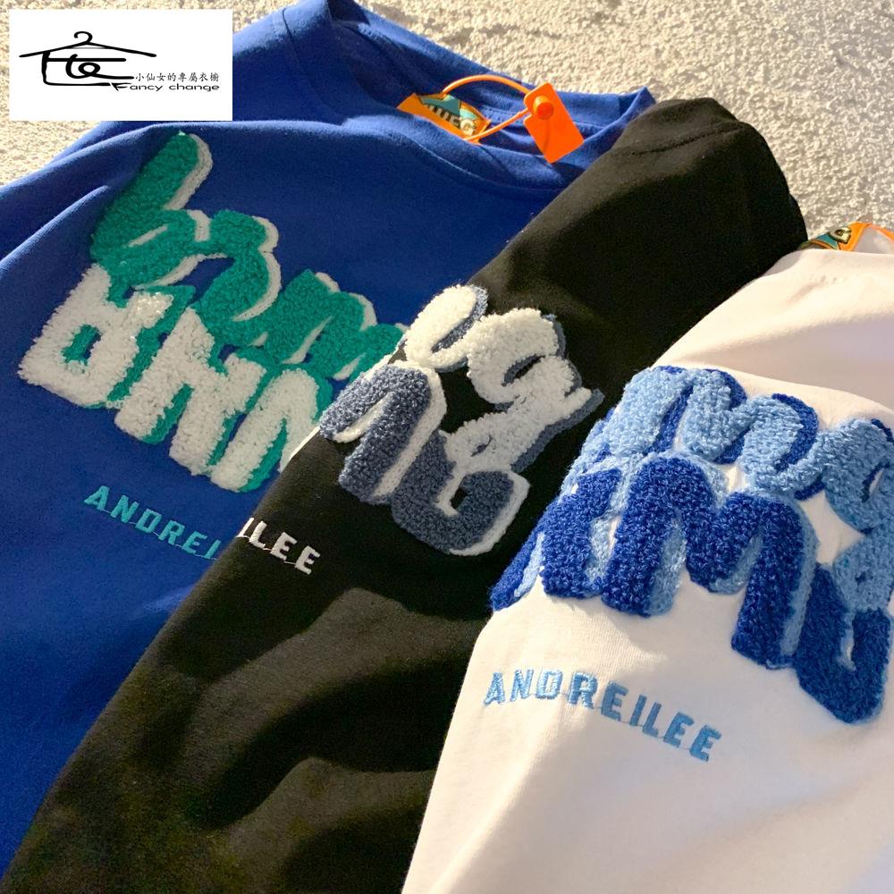 Áo Thun Cotton Ngắn Tay Thêu Chữ Phong Cách Đường Phố Mỹ