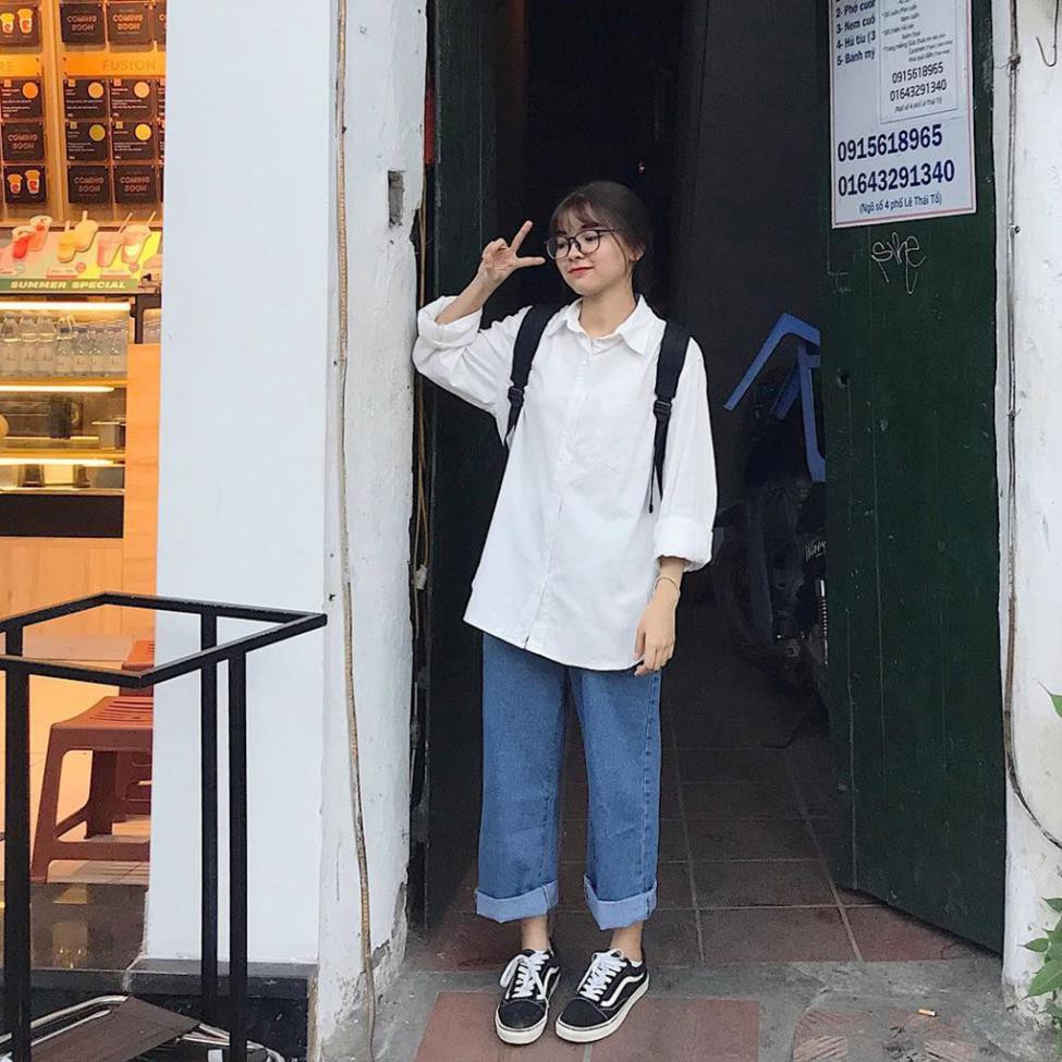 Áo SƠ MI DÀI TAY Trơn Unisex Nam Nữ Trắng và Đen - Sơ mi Dáng CÓ TÚI Đuôi tôm Leevin Store  ༷