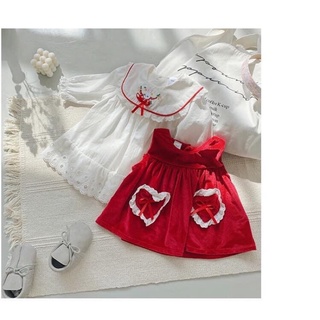 Set váy nhung đỏ cổ nơ bé gái
