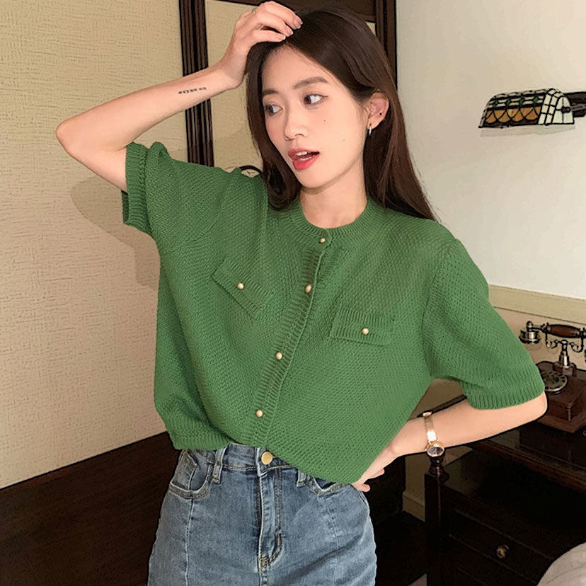 Áo cardigan Tay Ngắn Dáng Rộng Màu Xanh Lá Đậm Phong Cách retro Thời Trang Hàn Quốc