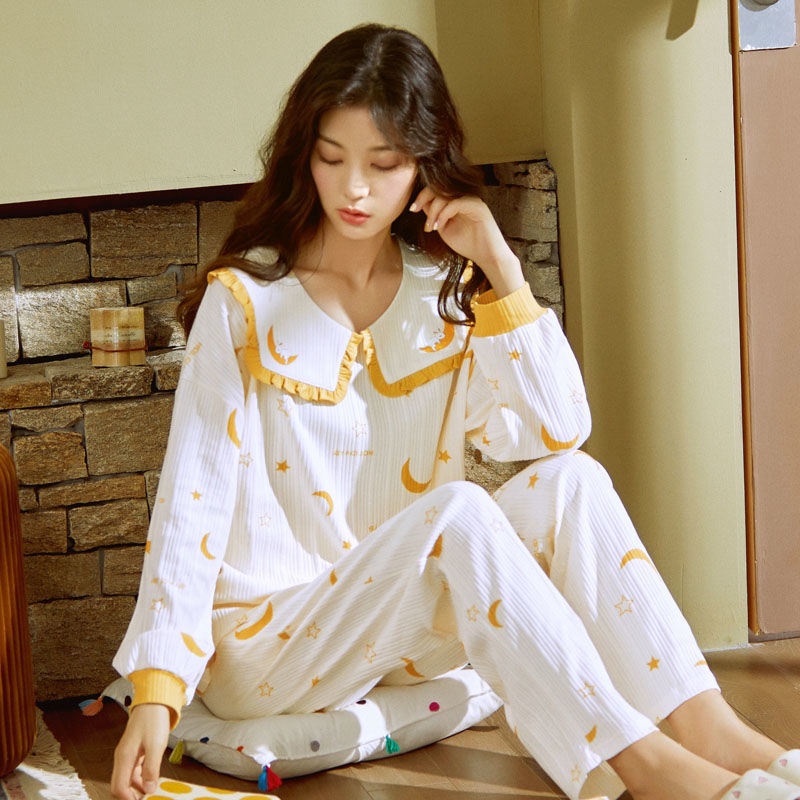 Bộ đồ ngủ tay dài 100% cotton in họa tiết hoạt hình ngọt ngào thời trang xuân thu cho nữ