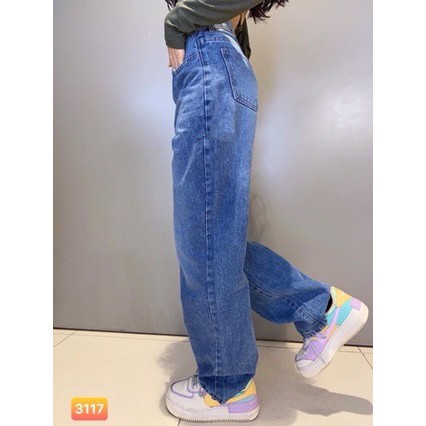 Quần jeans dài nữ Basic Denim QJRD 76, ống suông rộng lưng cao, sớ vải xịn min, quần bò rin culottes xanh đậm trơn chất