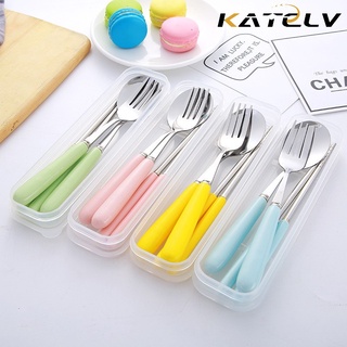 KATELV Bộ 3 Dụng Cụ Ăn Uống Bằng Thép Không Gỉ Có Tay Cầm Bằng Sứ Phong Cách Hàn Quốc