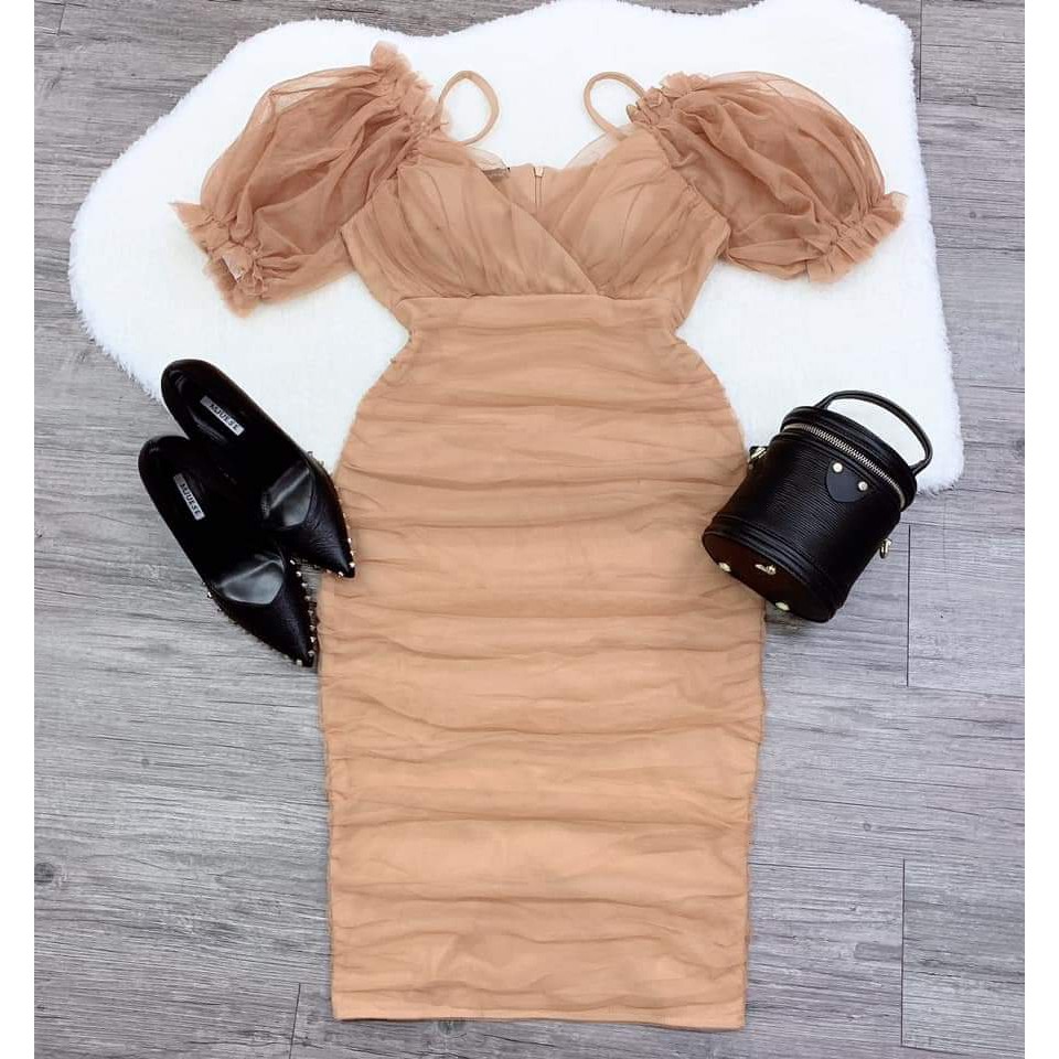 Đầm body nâu lưới nhún 2 dây tay phồng cúp ngực đắp lên form bao sang -MM.D911