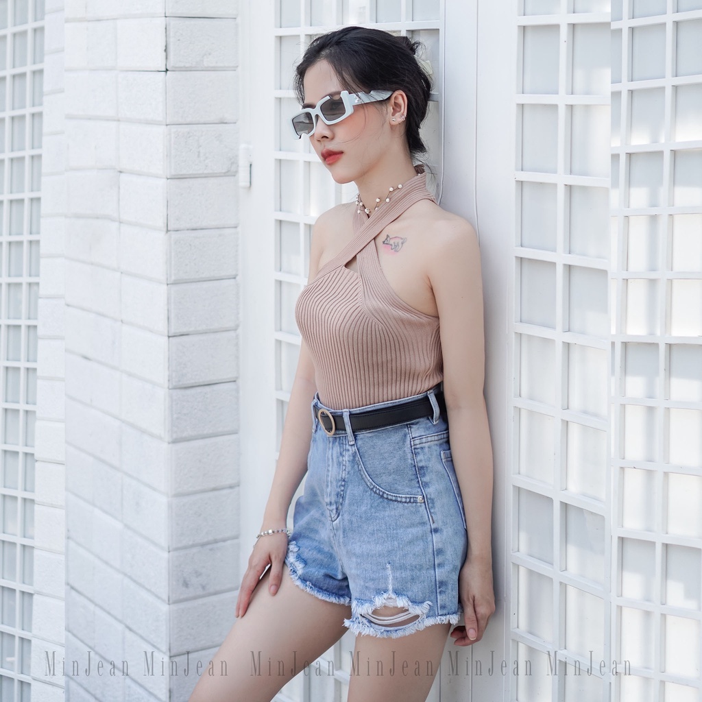 Quần Short Jean Nữ Dáng Chữ A MinJean MS22 Xanh Tôn Dáng, Quần Sooc Bò Lưng Cao Siêu Hack Dáng Cute