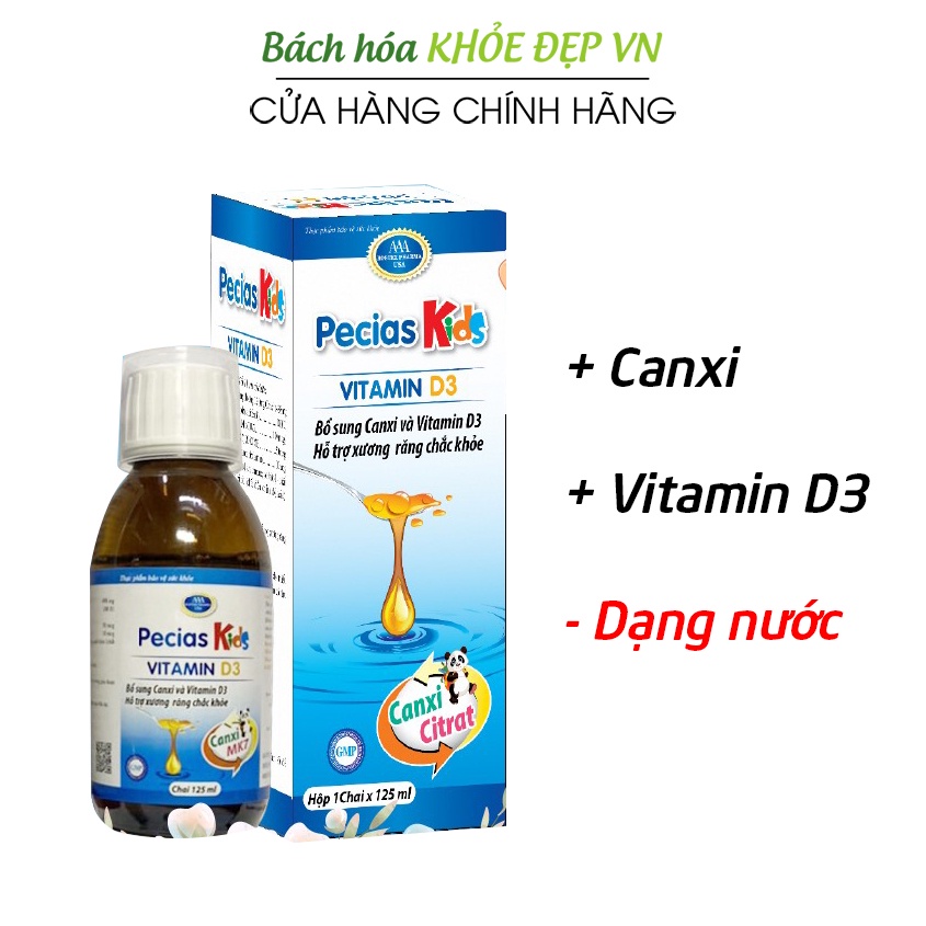 Siro canxi, vitamin D3 K2 dạng nước cho bé giúp xương răng chắc khỏe - Chai 125ml (Pecias Kids Vitamin D3)