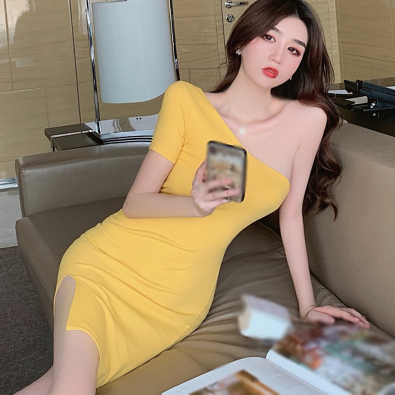 Đầm Tay Ngắn Lệch Vai Màu Trơn Xẻ Tà Thời Trang Mùa Hè Phong Cách Hàn Quốc