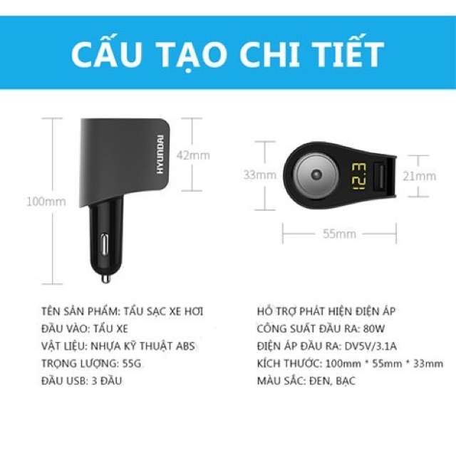 [ Hàng Chính Hãng ] Tẩu sạc nhanh Hyundai chuẩn QC 3.0, tẩu tròn, 3 USB - có đèn LED báo điện áp ac quy