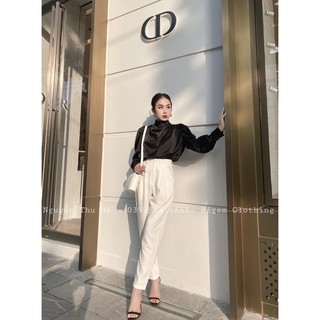 ANU110 - ÁO SƠ MI LỤA XẾP LY CHÉO VAI 3 CÚC NGỌC