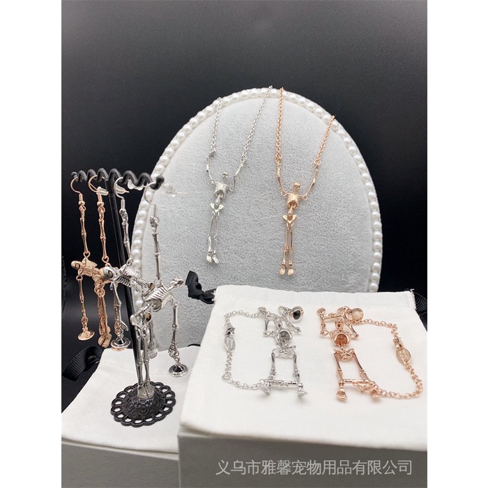 Bộ Trang Sức Dây Chuyền + Bông Tai + Vòng Tay Hình Bộ Xương Người Màu Vàng Hồng + Bộ Xương Nữ Hoàng West