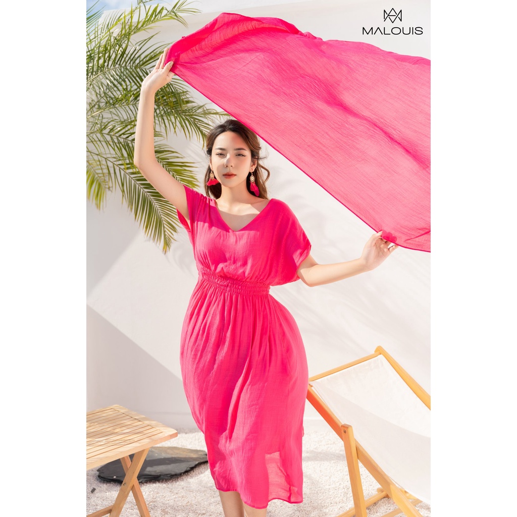 Váy nữ đi biển màu trắng, hồng dáng dài maxi cổ V chun eo Alina Dress - M152