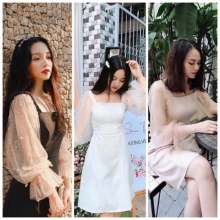Đầm dự tiệc cổ vuông tay lưới đính hạt cực xinh - Hình thật