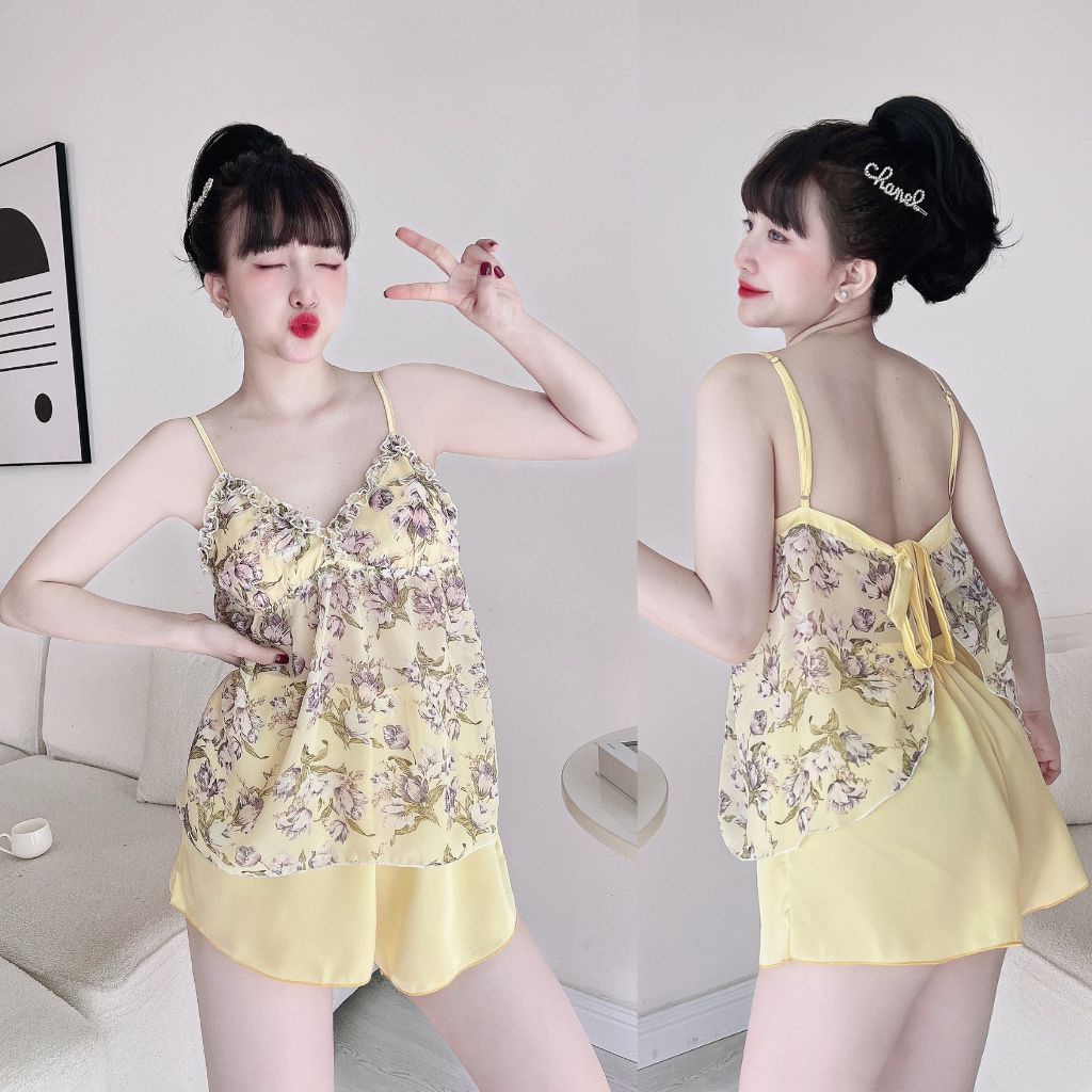 Đồ ngủ nữ mút ngực MIKY,  Đồ ngủ sexy lụa Chiffon phối Satin cao cấp mềm mại xinh xắn &lt; 63KG
