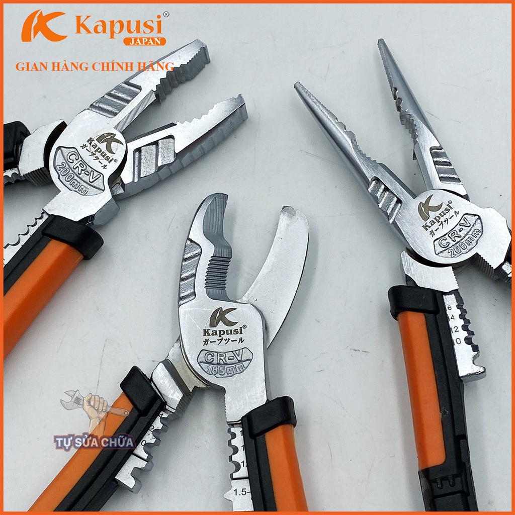 Kìm Điện – Kìm Cắt - Kìm Nhọn đa năng chính hãng Kapusi JAPAN thép CR-V trắng cao cấp, chuyên Kẹp, Cắt, Uốn, Tuốt dây