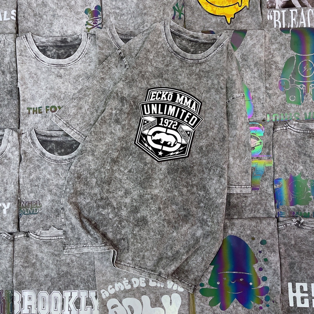 Áo Thun wash loang Nam Nữ  Áo Phông Unisex form rộng tay lỡ wash acid xám vải cotton in hình Anime hoạt hình