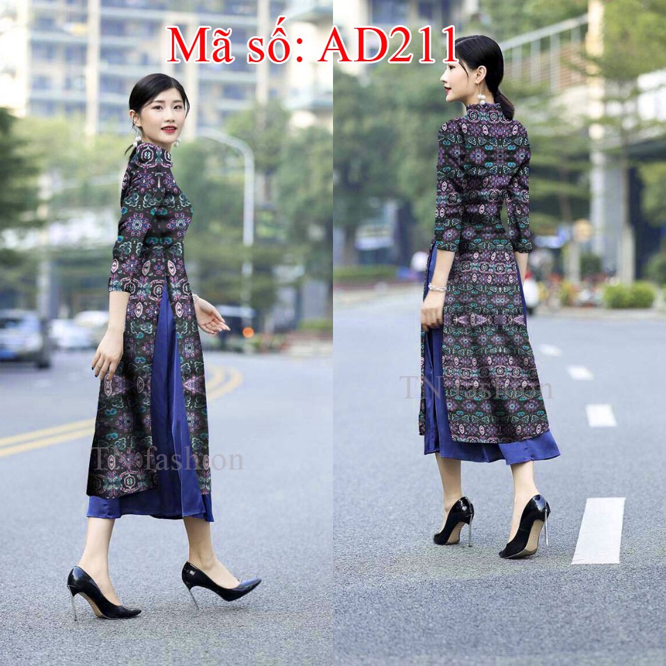 Set áo dài cách tân form dài họa tiết thổ cẩm cổ điển nền màu đenAD211