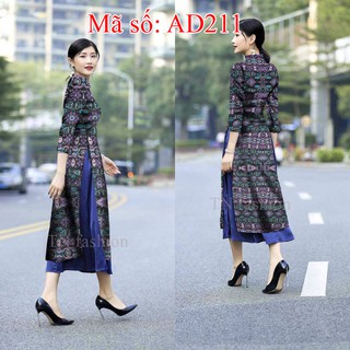 Set áo dài cách tân form dài họa tiết thổ cẩm cổ điển nền màu đenAD211