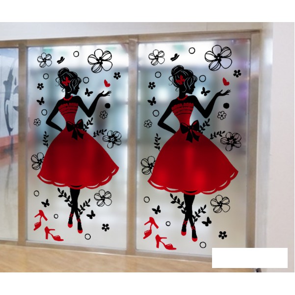 Decal Dán Kính Cao Cấp - Cô Gái Đầm Đỏ ( 60x116cm )