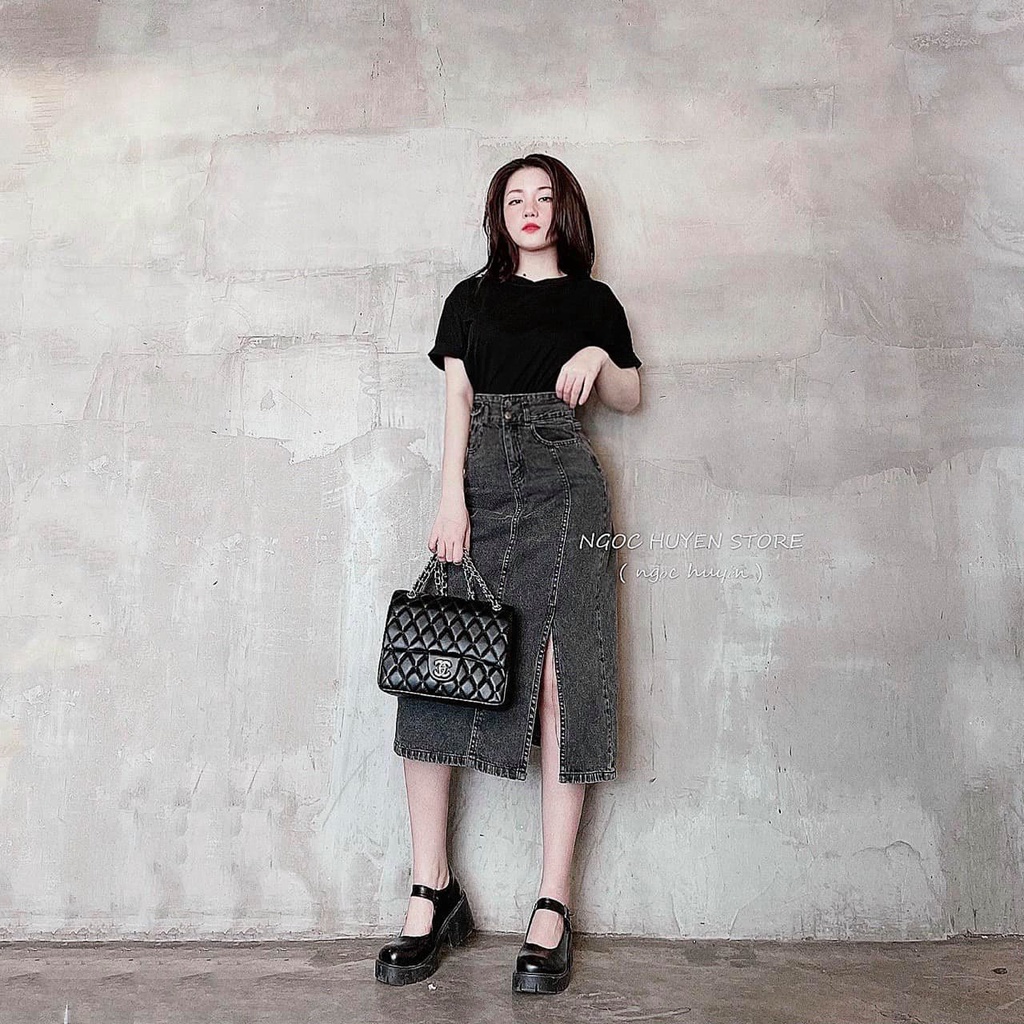Chân váy jean dáng dài chất bò dày dặn hai cúc màu đen khói CV1