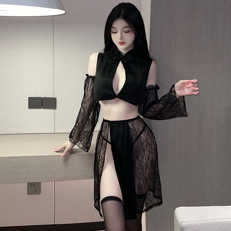 Đầm ngủ / Váy ngủ xẻ tà sườn xám kèm ống tay ren gợi cảm 2558