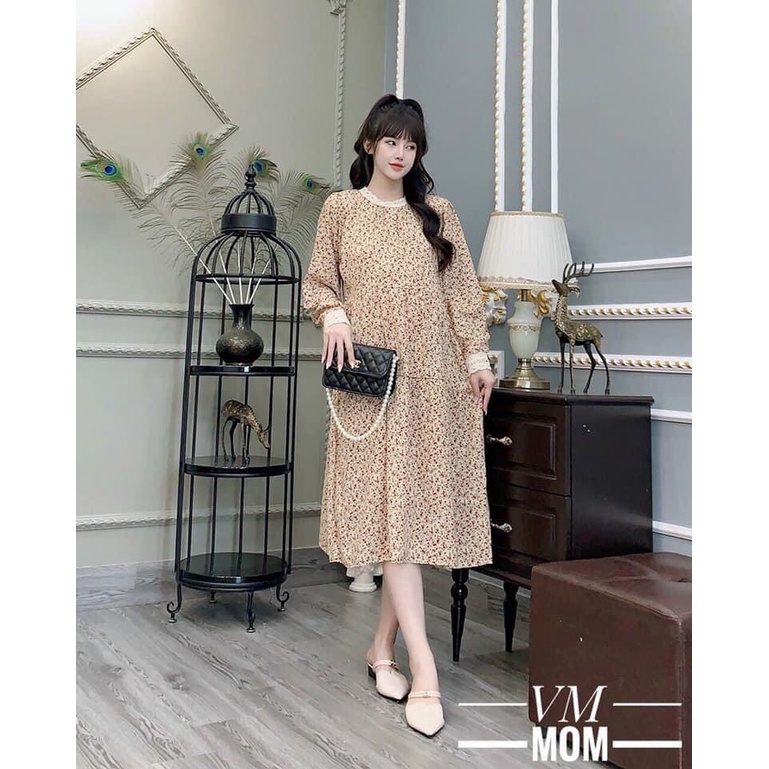 Váy bầu hoa nhíthiết kế sang chảnh☘️đầm bầu siêu xinh cổ ren tay ren,váy thu đôngtiểu thư bao xinh