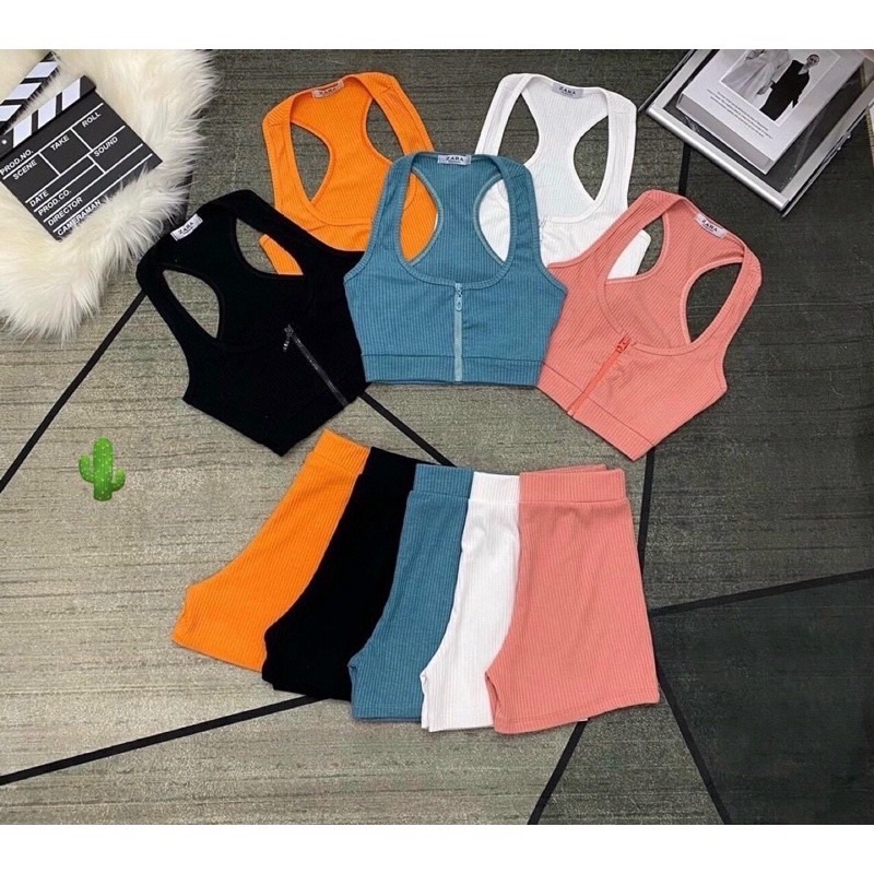 Set áo zip dây kéo + quần ôm lưng cao siêu xinh, chất thun gân co giãn tập gym được