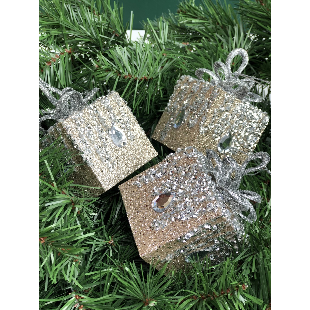 Combo 3 quả châu vuông cao cấp hình hộp quà treo cây thông Noel trang trí Giáng sinh
