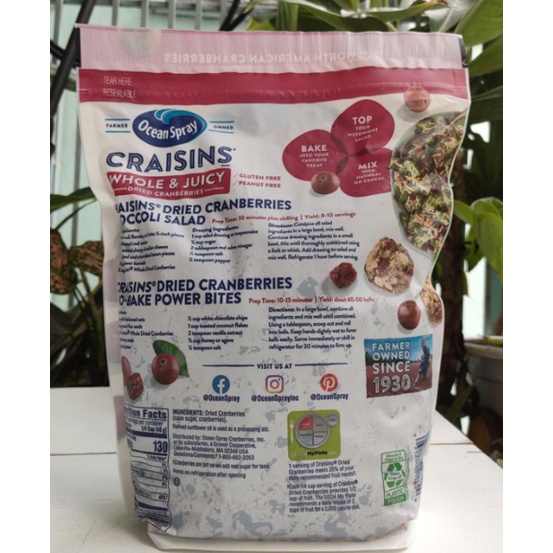 Nam việt quất sấy khô Ocean Spray CRAISINS Dries Cranberries Original 1.81kg của Mỹ - DATE MỚI 2024