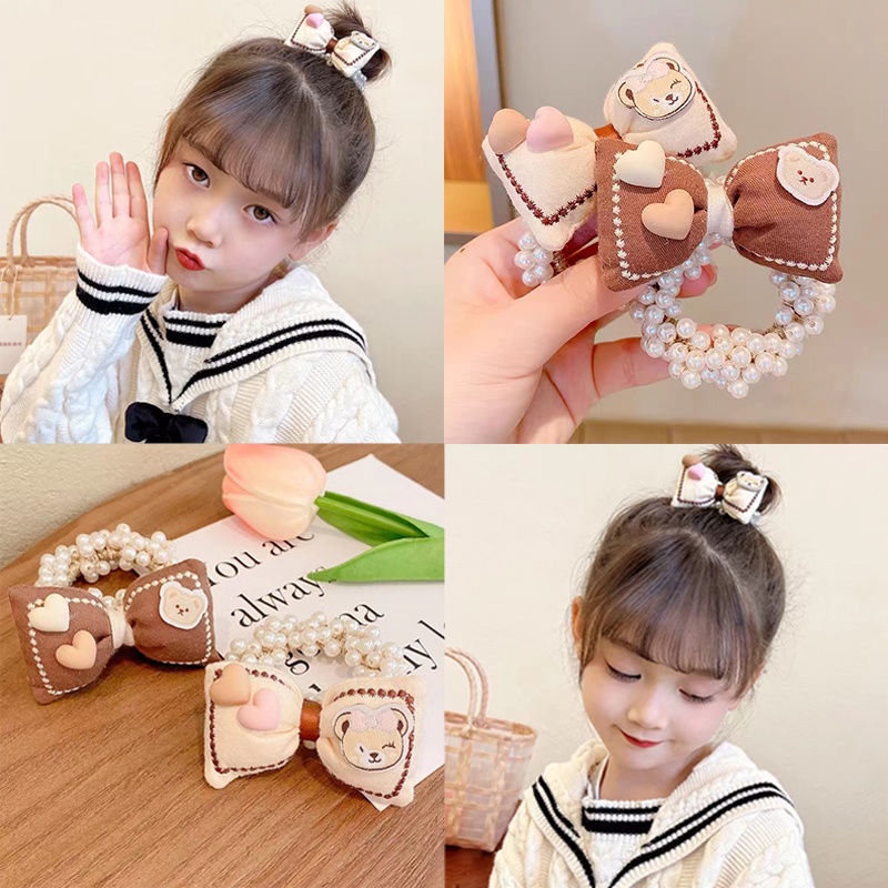 Dây Buộc Tóc Co Giãn Đính Hạt Và Nơ Màu Caramel Dễ Thương Cho Bạn Gái