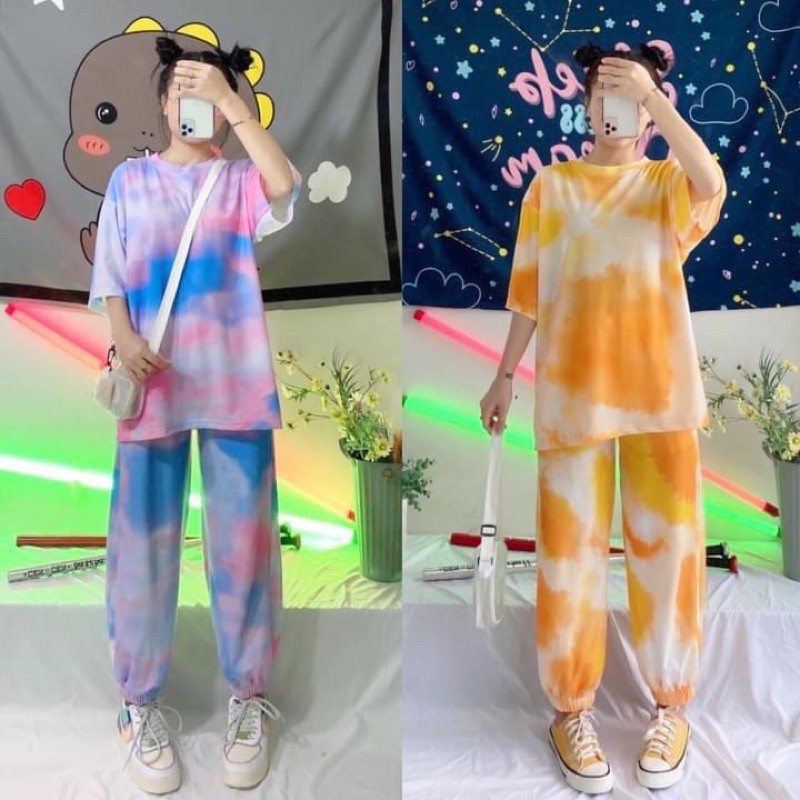 Bộ Thun Loang Màu Trơn Ảnh Thật(Quần Jogger-Thun Tay Lửng)