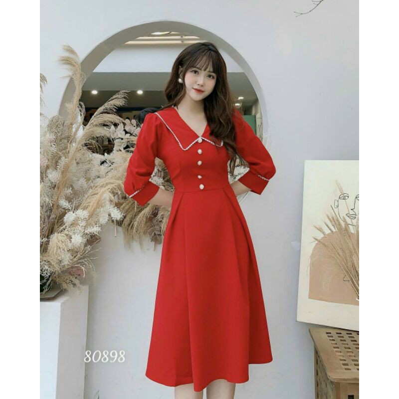 Đầm đỏ cổ sen tay lỡ phối ren size 50-72kg💕hàng y hình + video💕