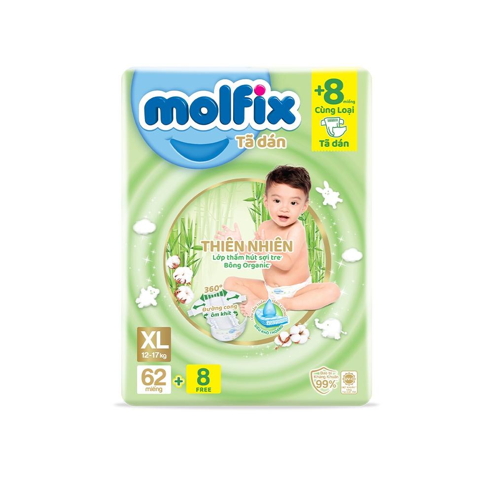 [TẶNG THÊM 8 MIẾNG] Tã Dán Molfix Thiên Nhiên Super Jumbo XL (12kg 17kg) Gói 62+8 Miếng