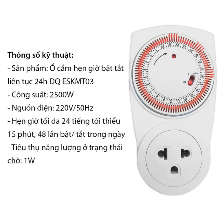 Ổ cắm hẹn giờ cơ Điện Quang ĐQ ESK 06( Điều chỉnh cơ, 1 lỗ - 3 chấu )