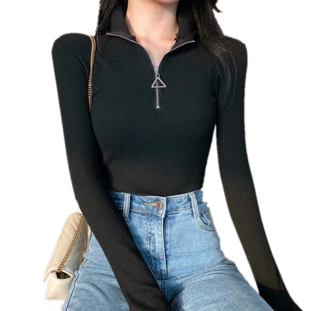 (Order) L-4XL Áo len cổ phối khoá zip tam giác
