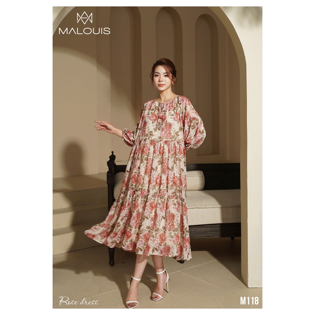 Đầm voan tay lỡ dáng dài họa tiết hoa hồng free size - M118