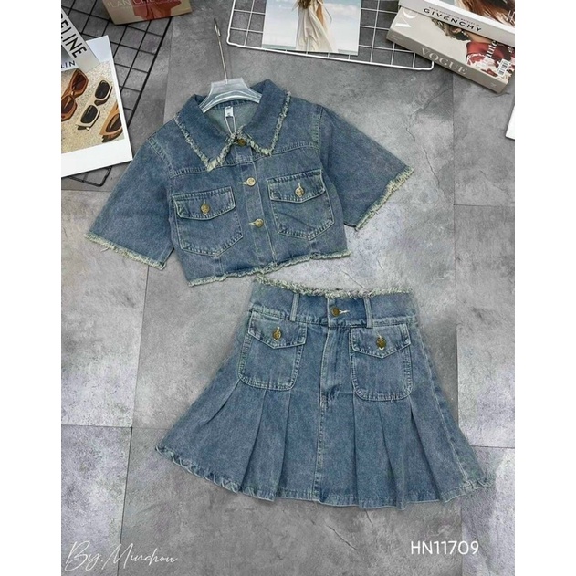 Set jean áo croptop chân váy xoè