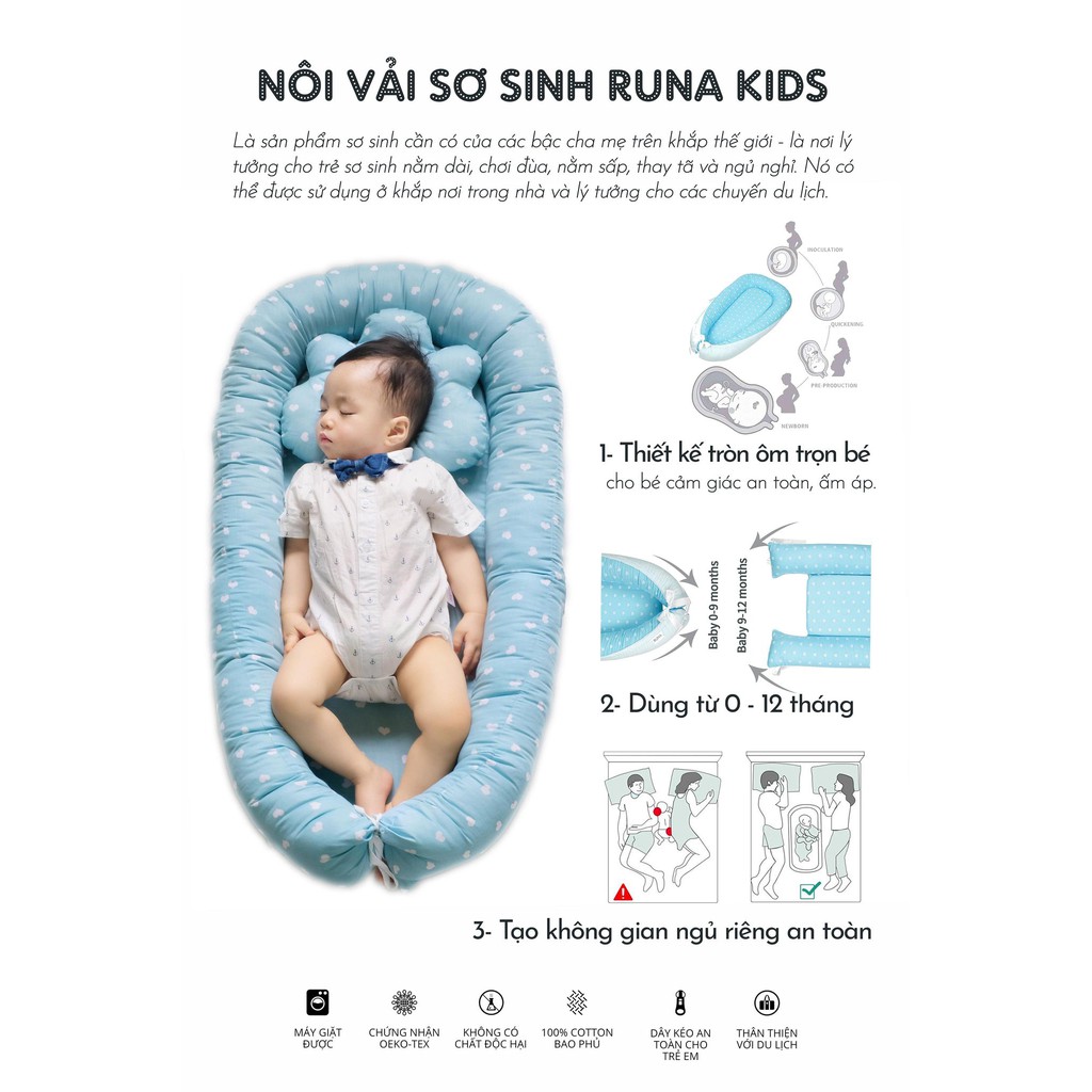 (NÔI THIẾT KẾ - COTTON 100% - 60*90) NÔI SƠ SINH CHO BÉ TỪ 0 - 1 TUỔI