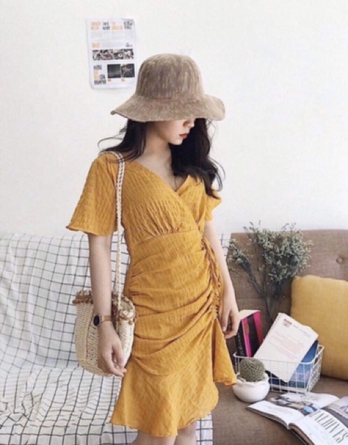 (Ảnh thật)Đầm xòe nhún xốp vàng rút hông eo sexy vải đẹp | BigBuy360 - bigbuy360.vn